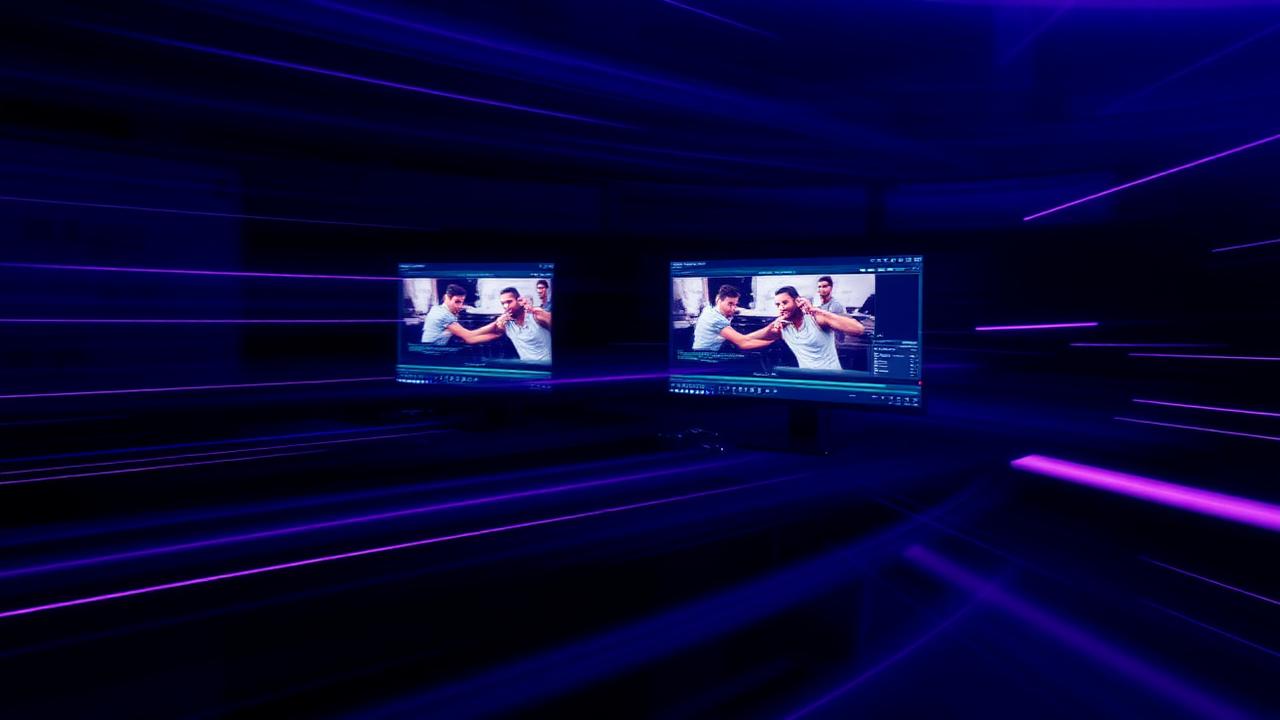 Motion blur of an editor at dual monitors
