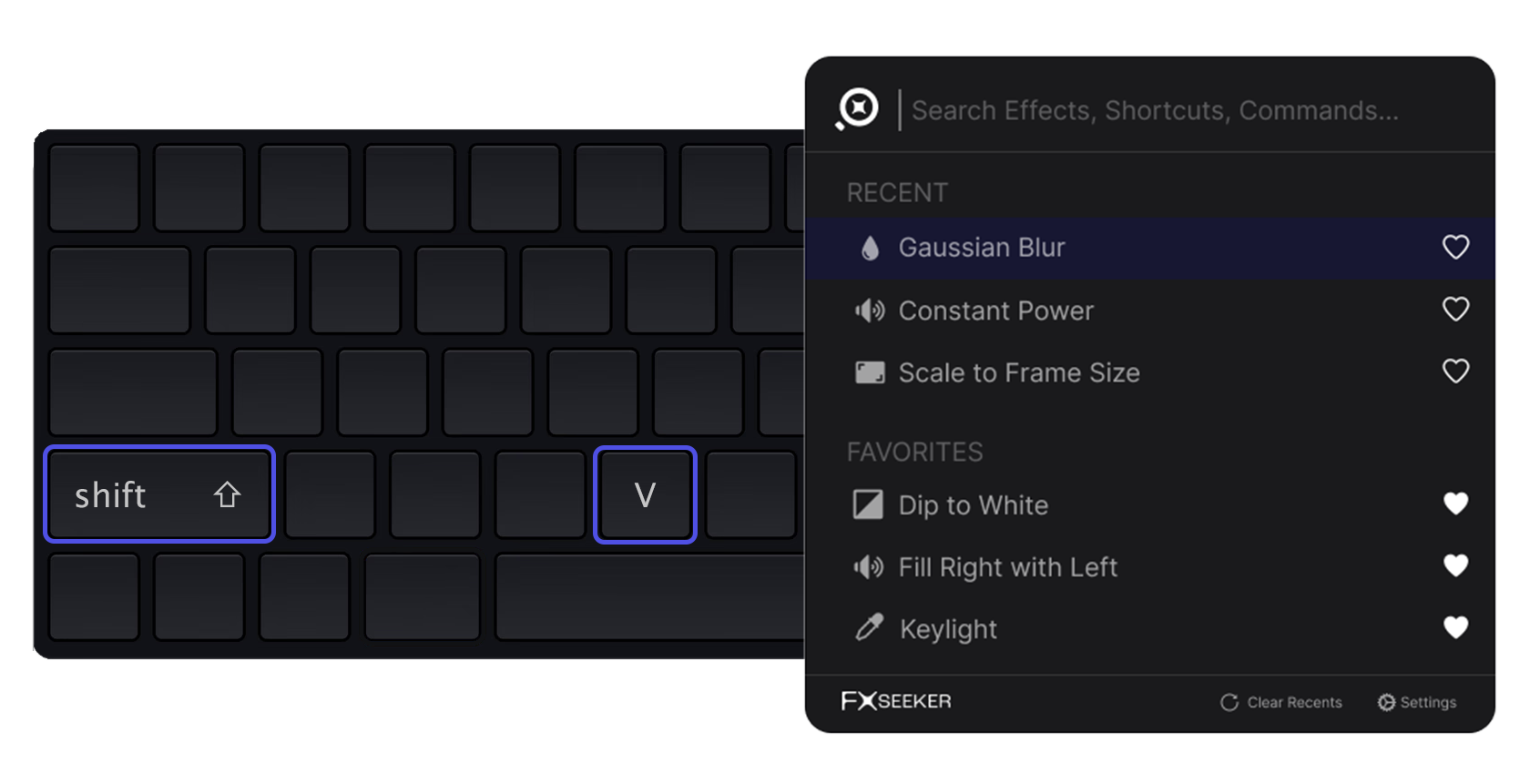 Keyboard with Shift + V keys highlighted next to the FXSeeker palette